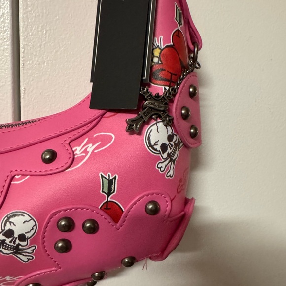 Ed Hardy Hot Pink Skull & Heart Studded Shoulder Bag - Picture 4 of 5